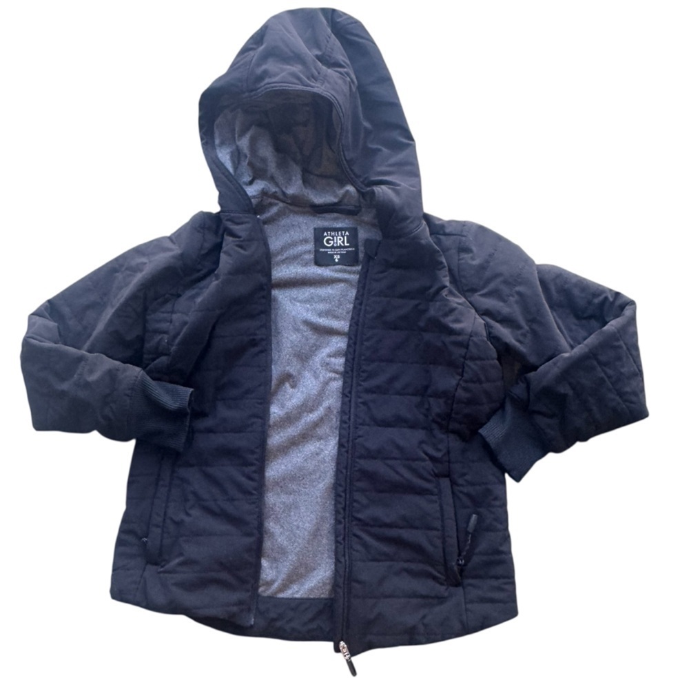 Athleta Girl, Size XS or Size 6, Black Quilted Jacket with Hood, Zipper, Comfort